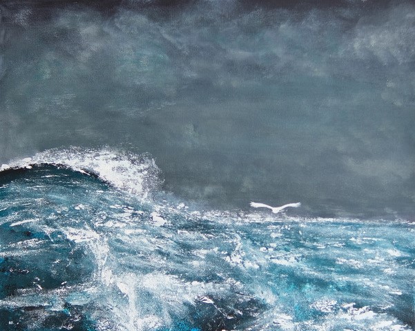 A painting of the sea with a white bird hovering over the water. The waves are quite calm on the right side, but there are storm clouds and large waves on the left side. (Used with permission of Andy Fishburne.)